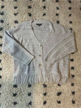 Gray Open-Knit Fringe Button Cardigan